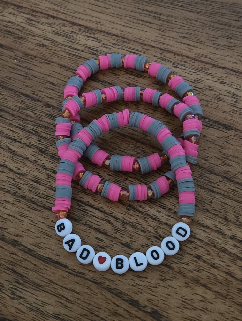 Hand Crafted Pink & Gray Beaded Bracelet - 'BAD ♥ BLOOD'